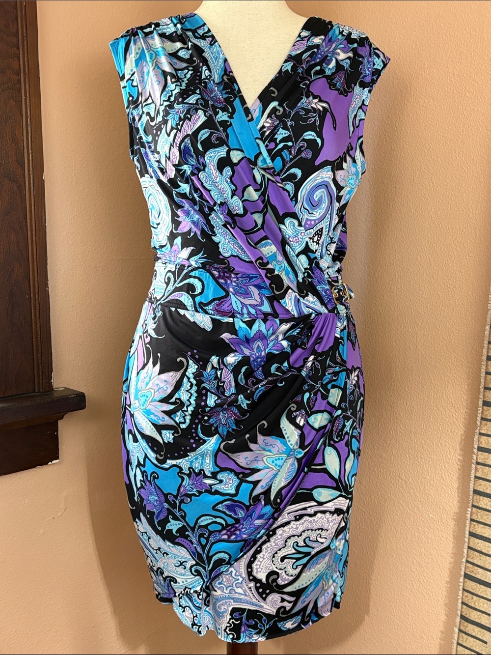 caché Black, Purple & Blue Sleeveless Wrap Style Midi Dress Gold Buckle 14/XL